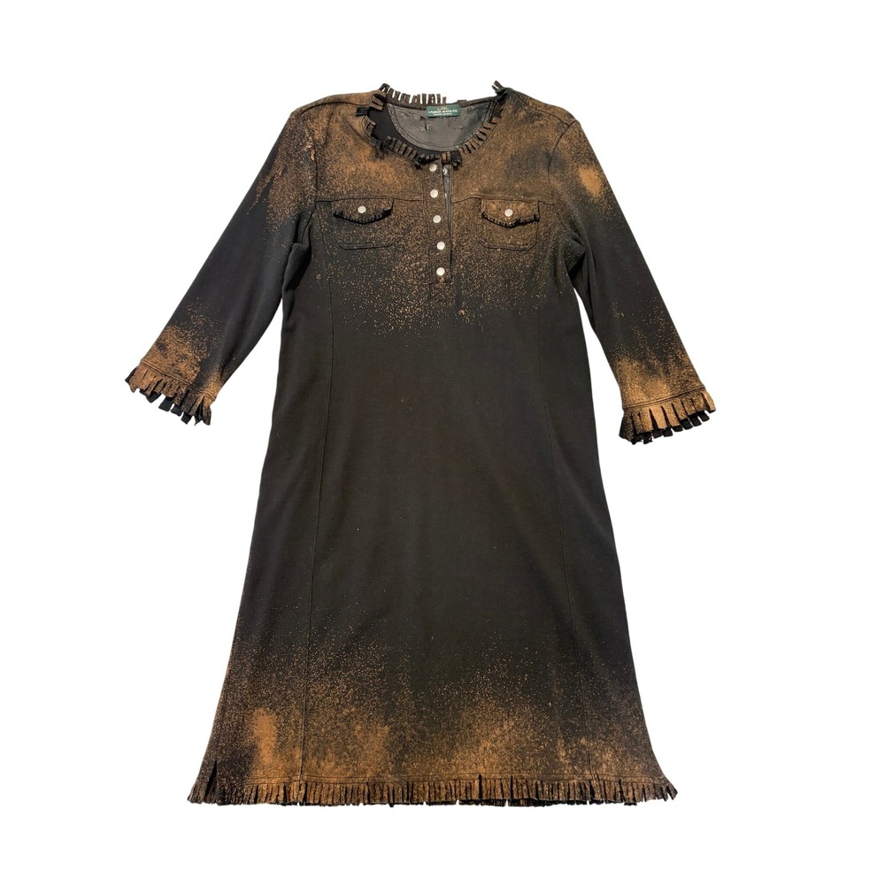 Lauren Jeans Co Ralph Lauren Bleached Distressed Fringe Dress Black Brown 8458